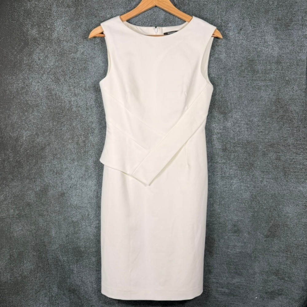 Tahari Women Sz 4 Ivory Sleeveless Asymmetrical Wrap Waist Sheath Dress White